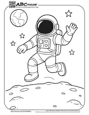 Astronaut jumping in anti gravity coloring page for kids from ABCmouse.com. 