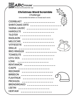 Free printable Christmas Word Scramble for kids from ABCmouse.com. 