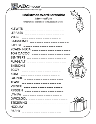 Free printable Christmas Word Scramble for kids from ABCmouse.com. 
