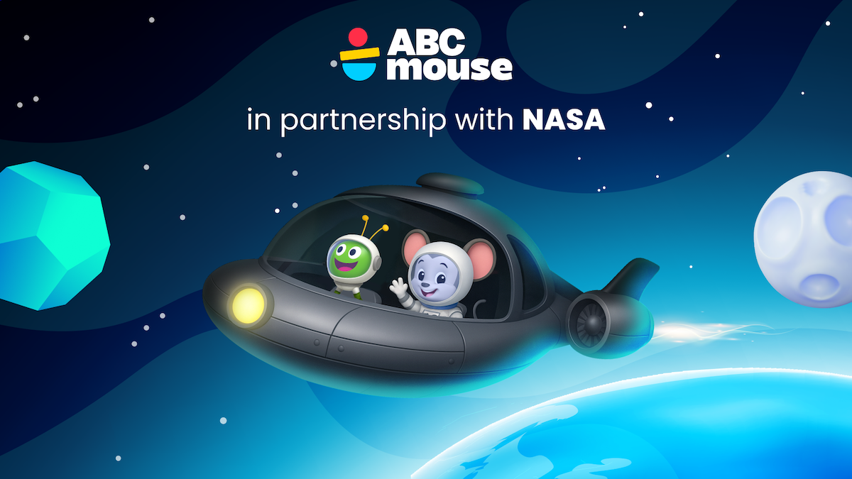 ABC Mouse and a cute space creature in a spaceship flying through space to represent the learning activities created by ABCmouse in partnership with NASA 