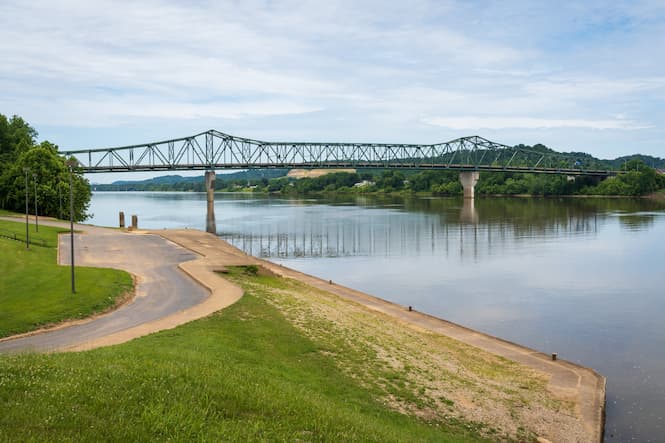 A river in Ohio with a bridge going across. 