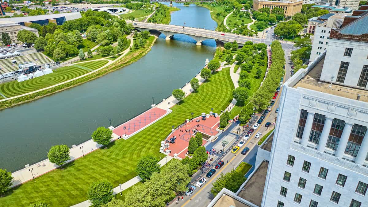 Scioto Mile Promenade next to Scioto River in Columbus Ohio