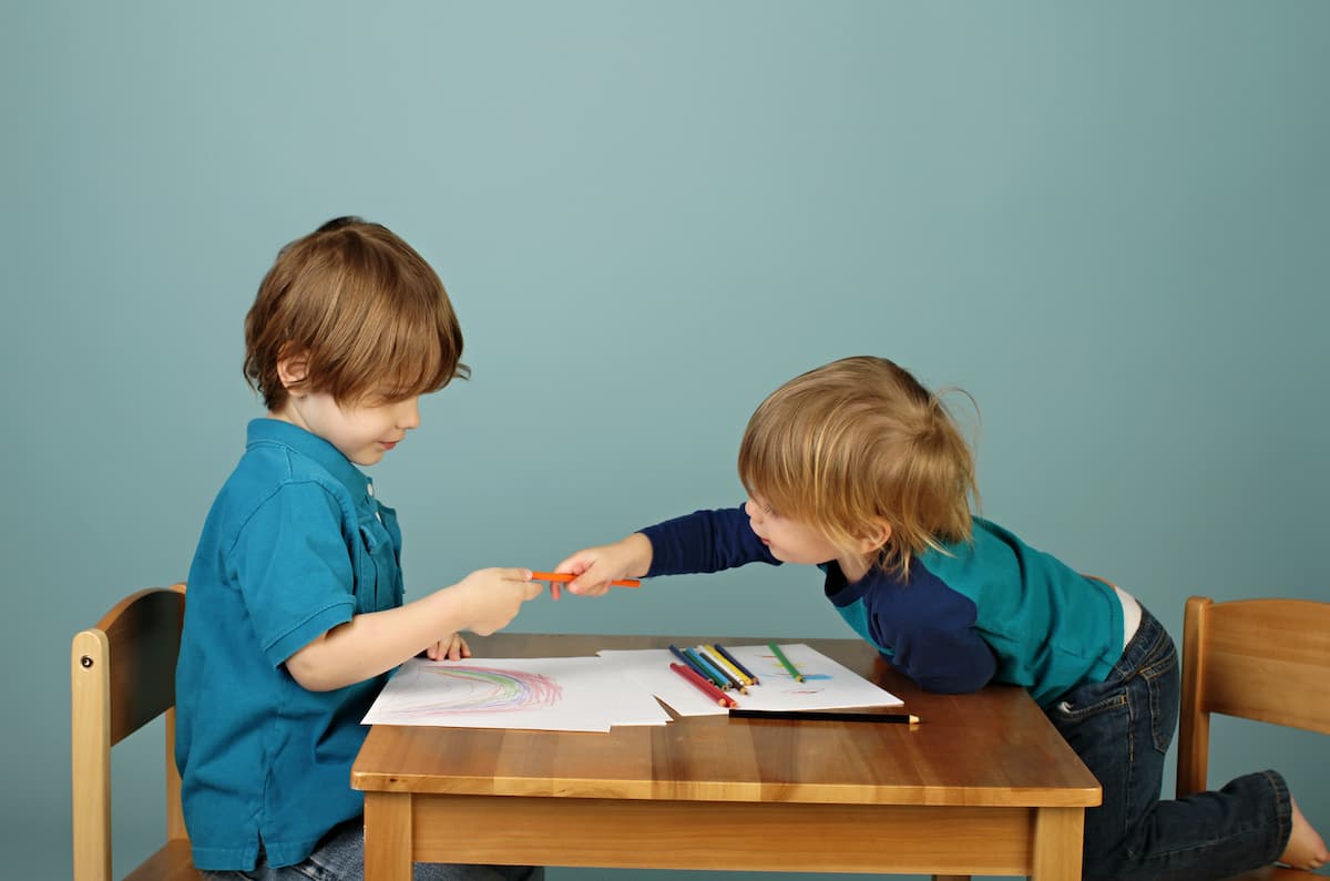 Two young boys sitting at a table engaging in associative play. 