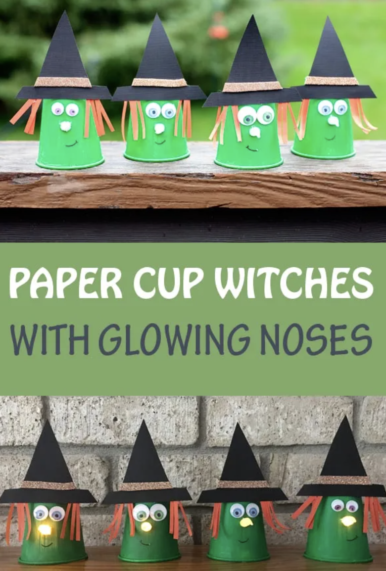 Paper cup witches with glowing noses craft for kids to do on Halloween. 