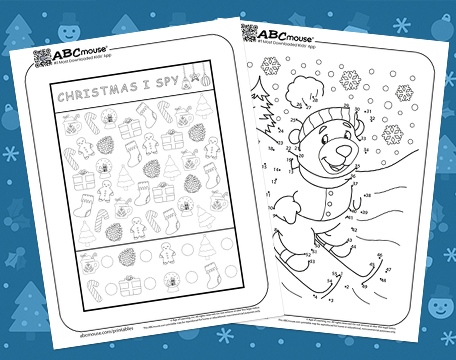Free printable I spy, mazes, and dot to dot Christmas Worksheets for kids from ABCmouse.com. 