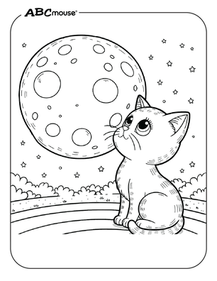 Cat looking at a full moon coloring page for kids from ABCmouse.com. 