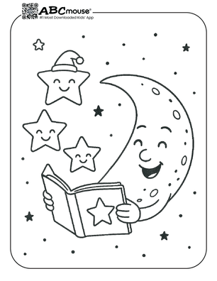 Moon reading a book coloring page for kids from ABCmouse.com.