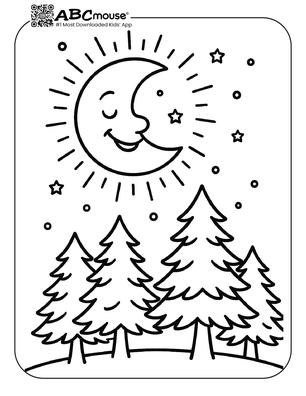 Moon over a forest coloring page for kids from ABCmouse.com.