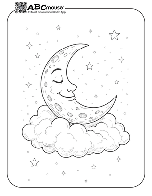 Moon on a cloud coloring page for kids from ABCmouse.com.