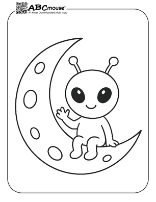 Moon with and alien coloring page for kids from ABCmouse.com.