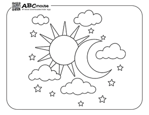 Simple sun and moon coloring page for kids from ABCmouse.com.