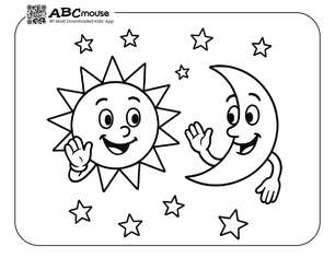 Moon and sun waving at each other coloring page for kids from ABCmouse.com.