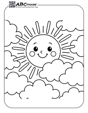 Sun behind the clouds coloring page for kids from ABCmouse.com.