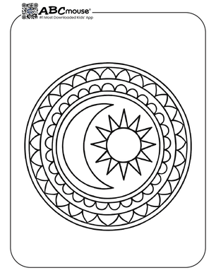 Moon and sun mandala coloring page for kids from ABCmouse.com.