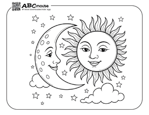 Moon and sun coloring page for kids from ABCmouse.com.