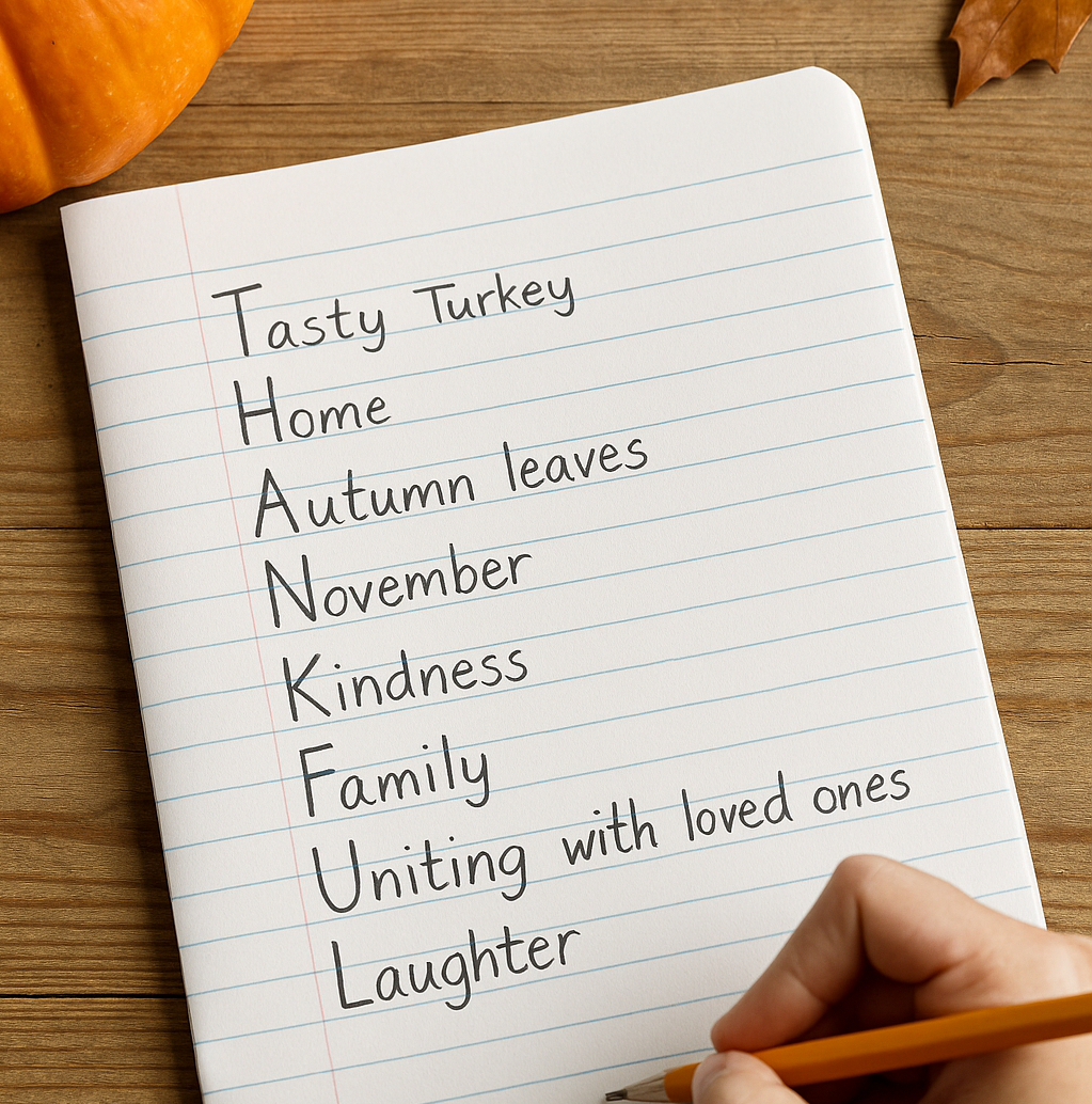 A notebook page with a Thanksgiving poem written on it. 