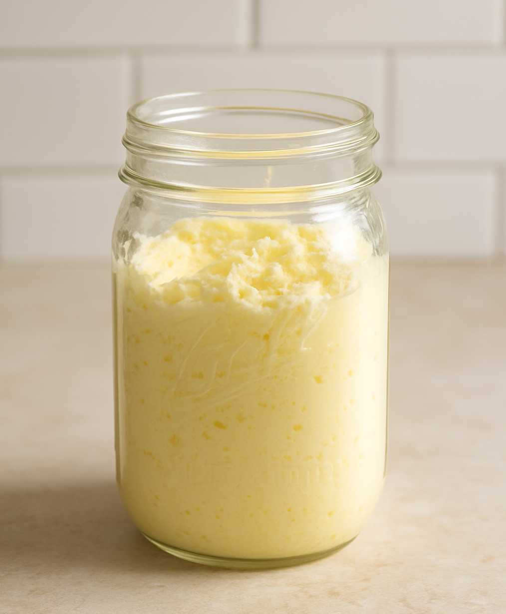 A jar of homemade butter sitting on a counter top. 