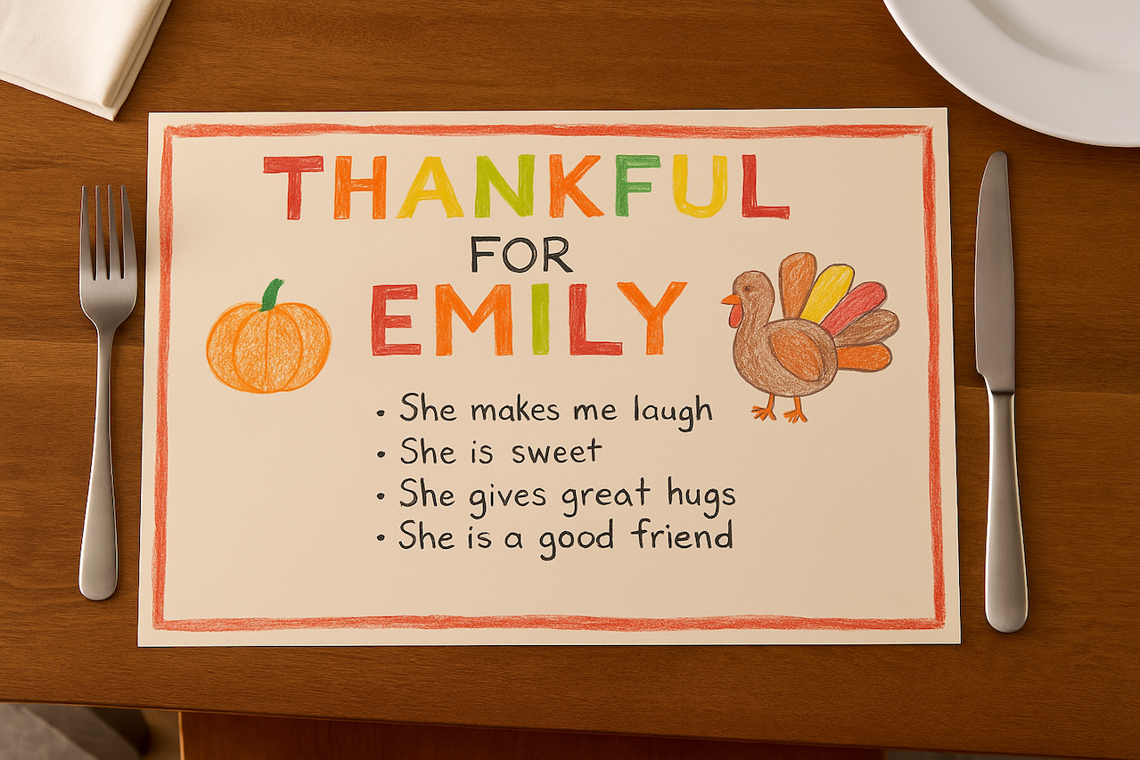 Thankful for Emily place card example for a thanksgiving activity. 
