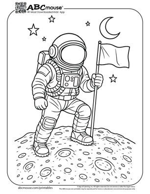 Astronaut on the moon coloring page for kids from ABCmouse.com. 
