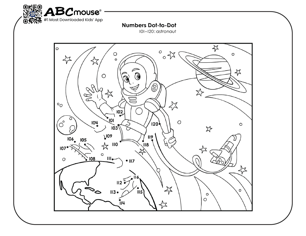 Astronaut dot to dot coloring page for kids from ABCmouse.com. 
