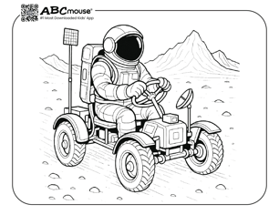 Astronaut driving a rover coloring page for kids from ABCmouse.com. 