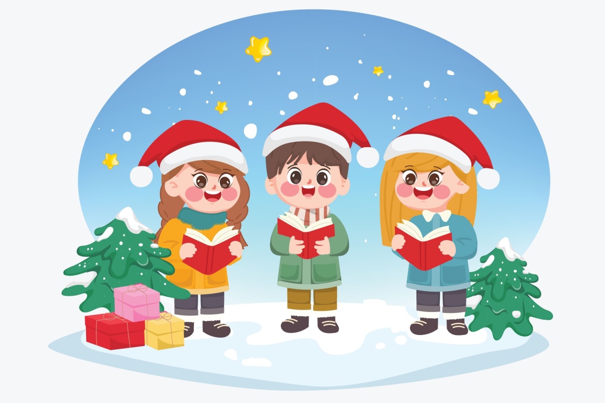 A colorful illustration of children caroling. 