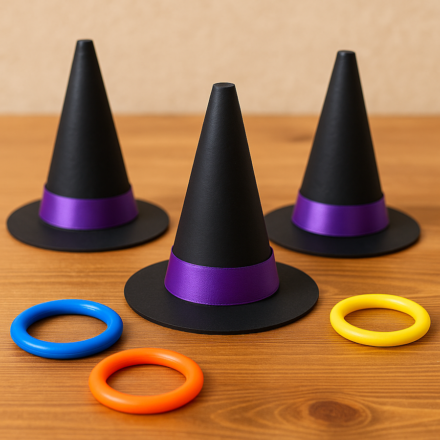 Cute little witch hats with rings for a ring toss Halloween game. 