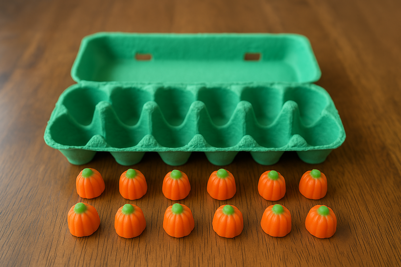 An empty egg carton with little pumpkin Halloween candies for a fun Halloween game. 