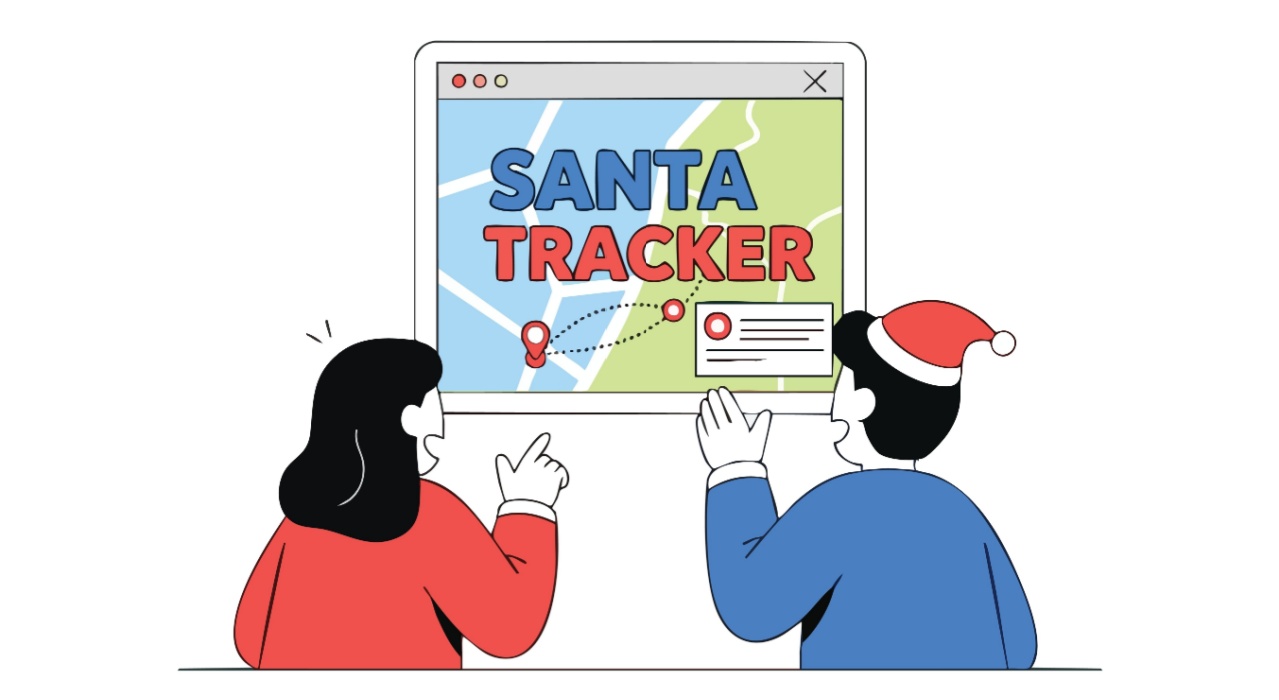 An illustration of two people looking at an online Santa tracker.