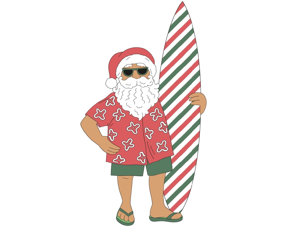 A Santa in a Hawaiian shirt holding a surf board. 