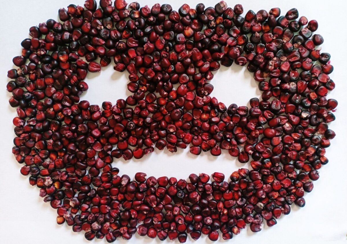 A pile of cranberries shaped into a fun smiley face on the table. 