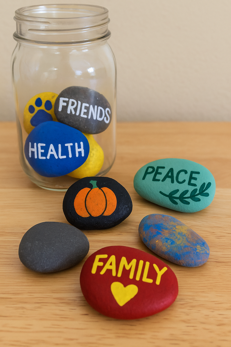 Colorful painted rocks Thanksgiving theme. 