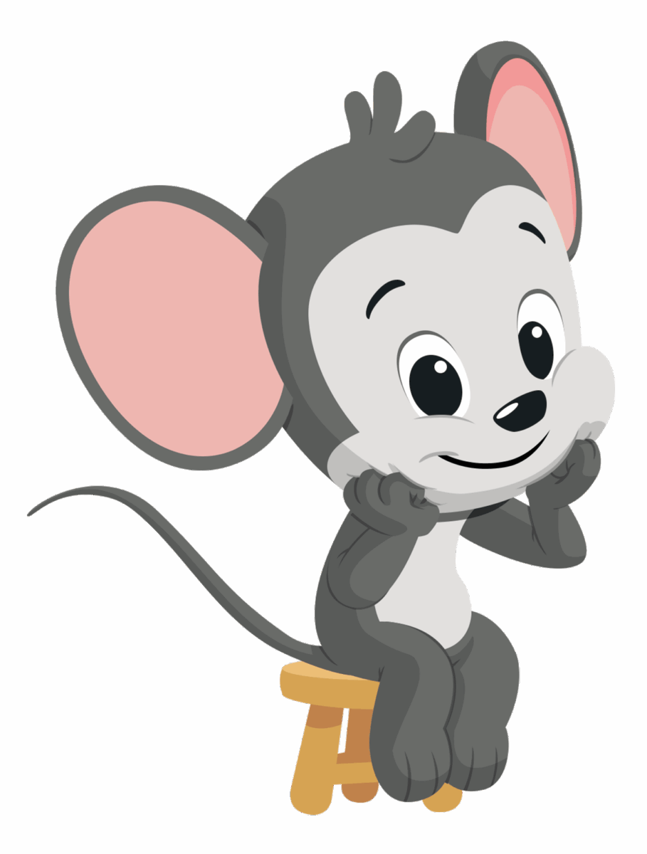 ABC mouse sitting on a stool with his face in his hands.