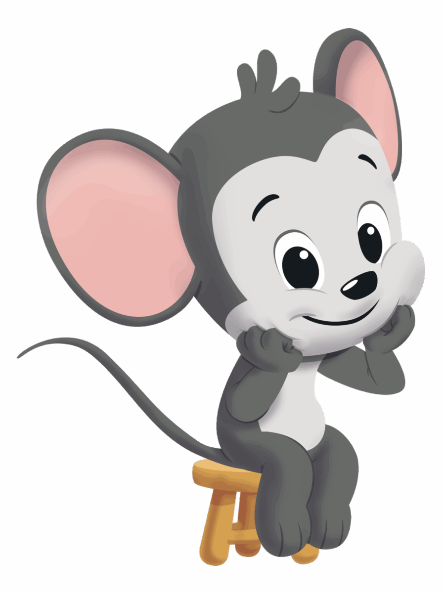 ABC mouse character sitting on a brown stool chin in his hands with a contemplative look on his face. 