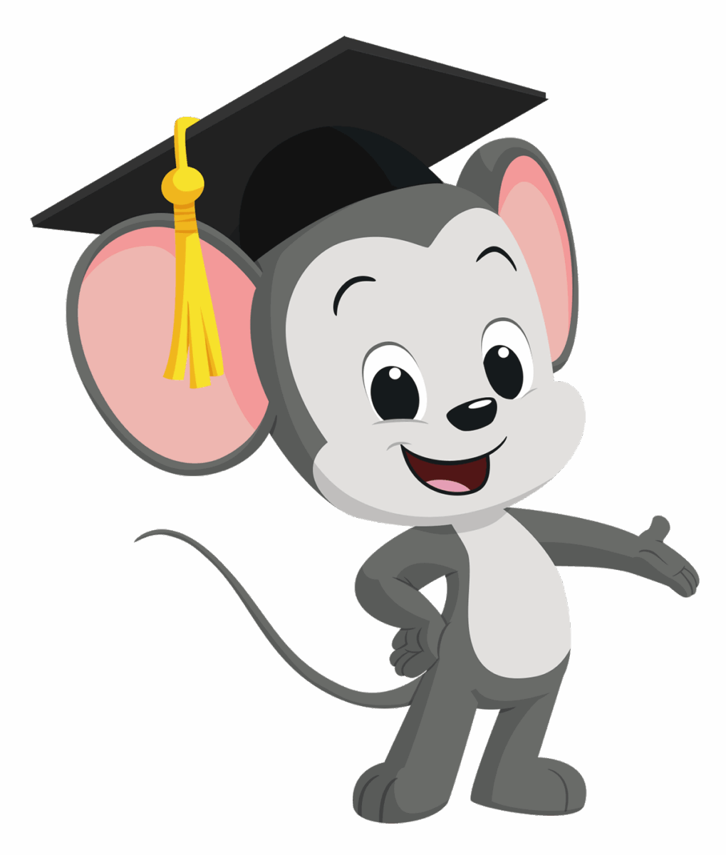 ABC Character in a graduation cap with hand on hip and other hand held out. 