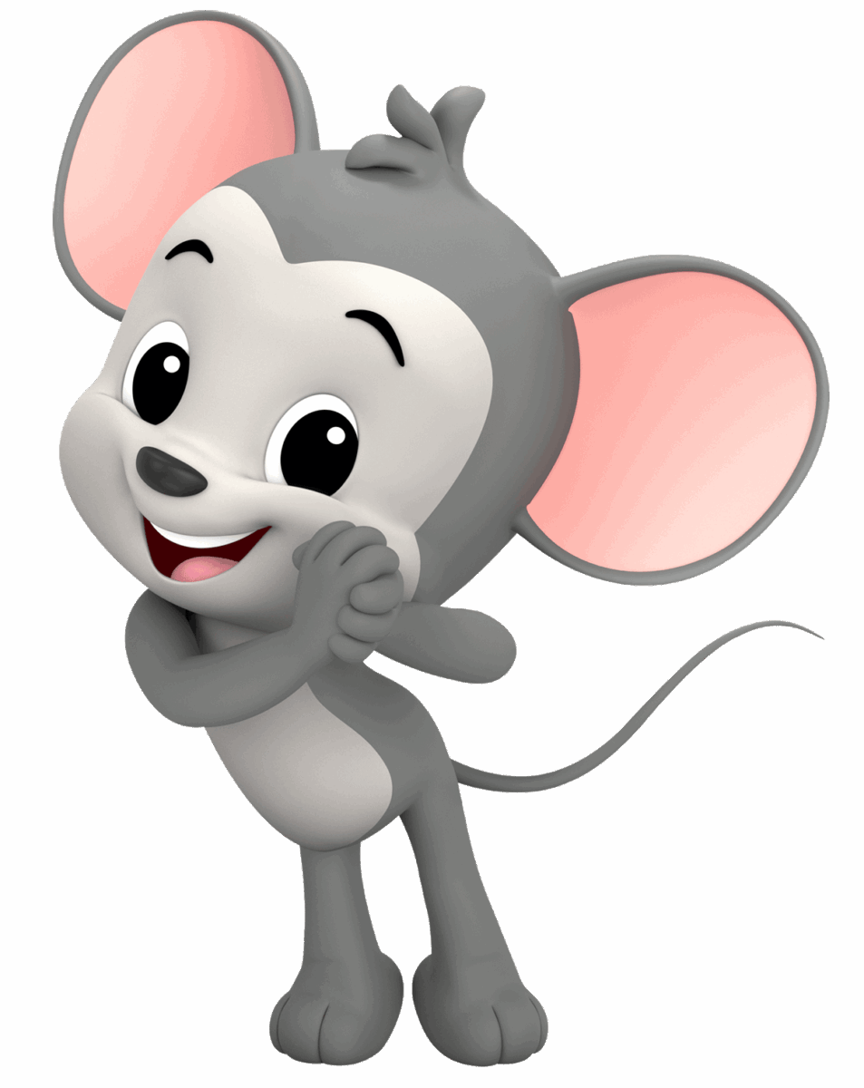3D ABC mouse leaning left and looking lovingly with hands held next to his cheek. 