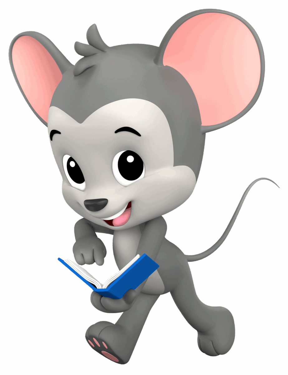 ABC mouse excitedly holding a book and looking at it while walking.