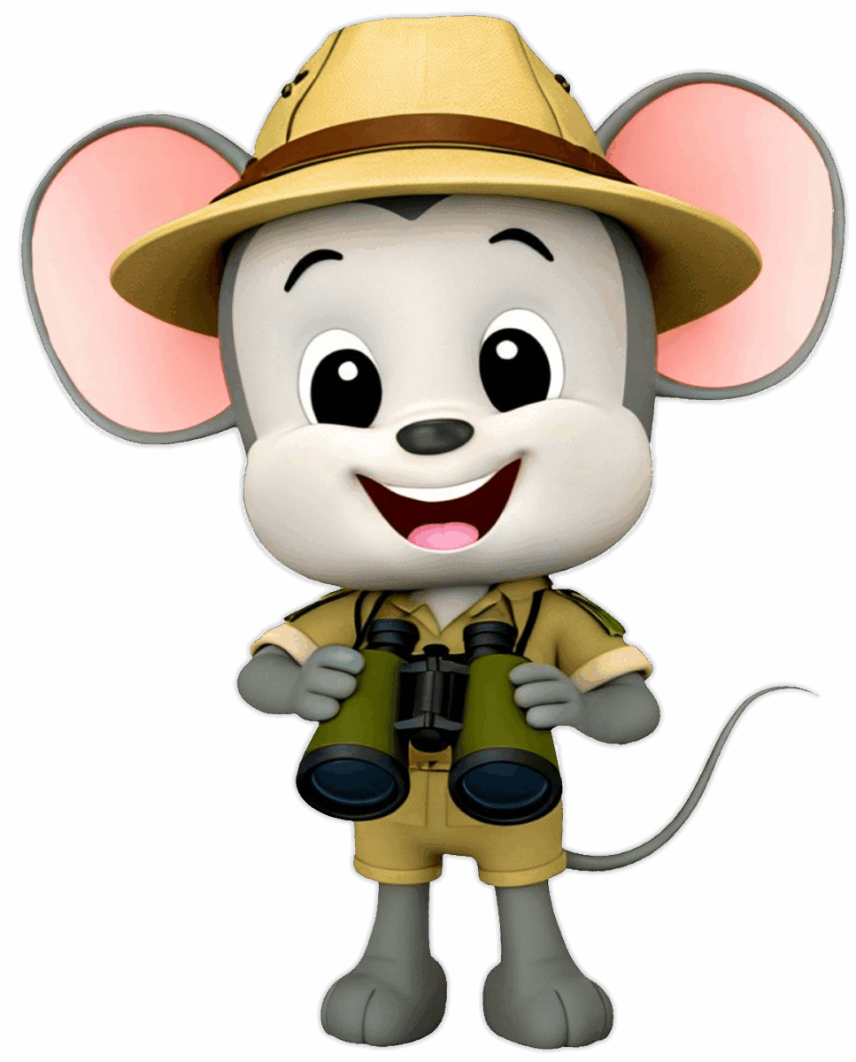 ABC mouse dressed in safari clothes with a wide brimmed hat and holding binoculars in his hands.
