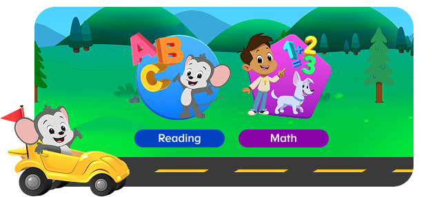 ABC mouse riding in a car on a road going past characters with signs of reading, and math. 