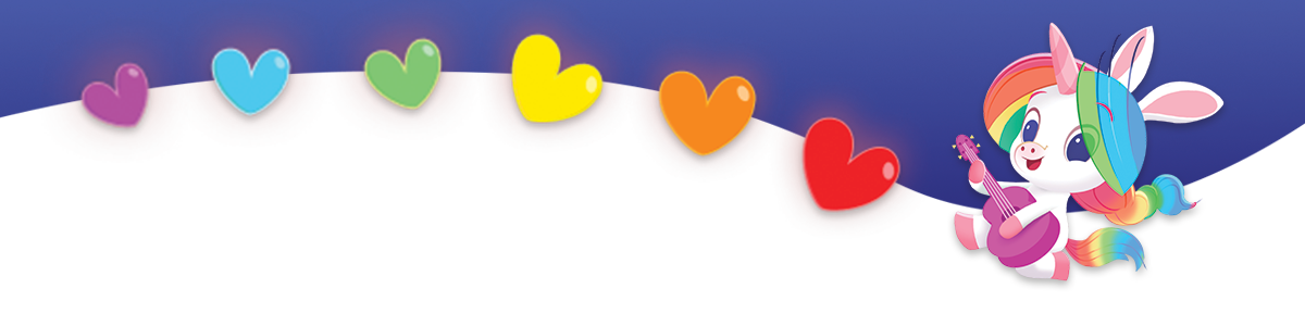 A colorful blue border with the ABCmouse character Melody playing a ukulele with colorful rainbow hearts in a row to the left. 