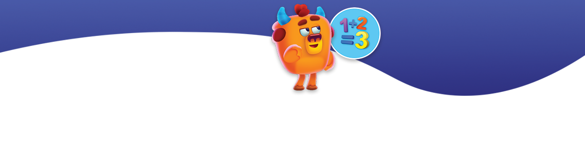 Cute orange monster with a math problem blue border. 