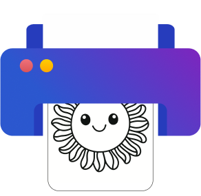 Cute colorful printer icon printing a coloring page of a sun. 