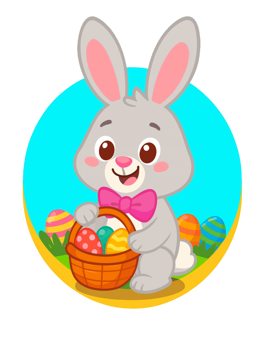 Colorful Easter bunny holding a basket of Easter eggs.