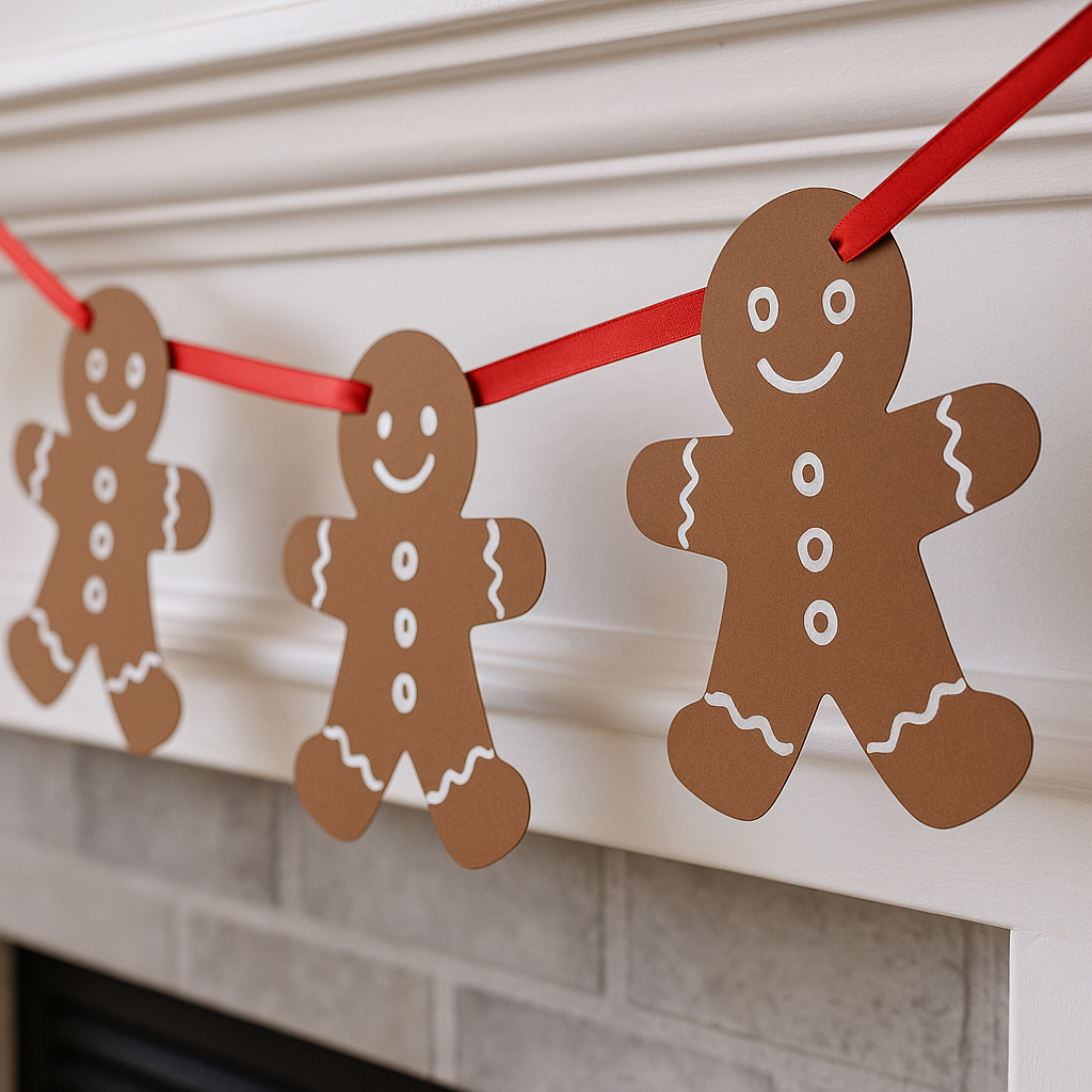 A fun gingerbread man garland to make and hang on a fireplace mantel. 