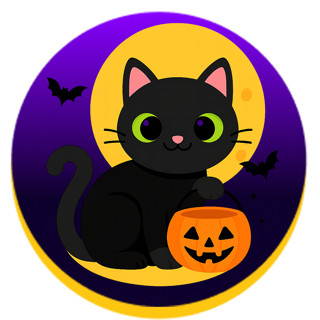 Cute black cat sitting beside an orange jack-o’-lantern bucket with bats flying in the background.