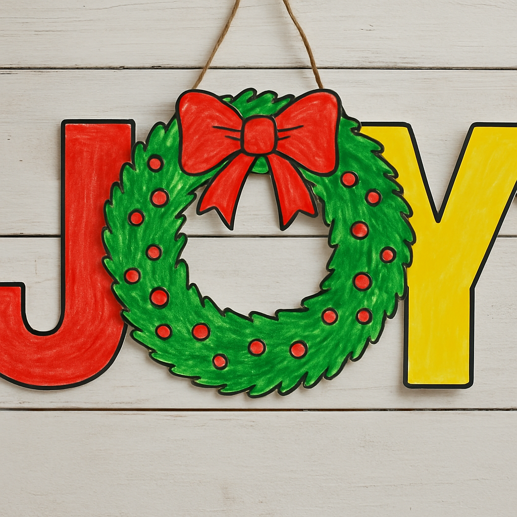 A colorful banner that says joy with a Christmas wreath for the o. 