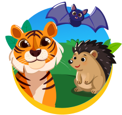 Cute Tiger, hedgehog, bat, cartoon icon.