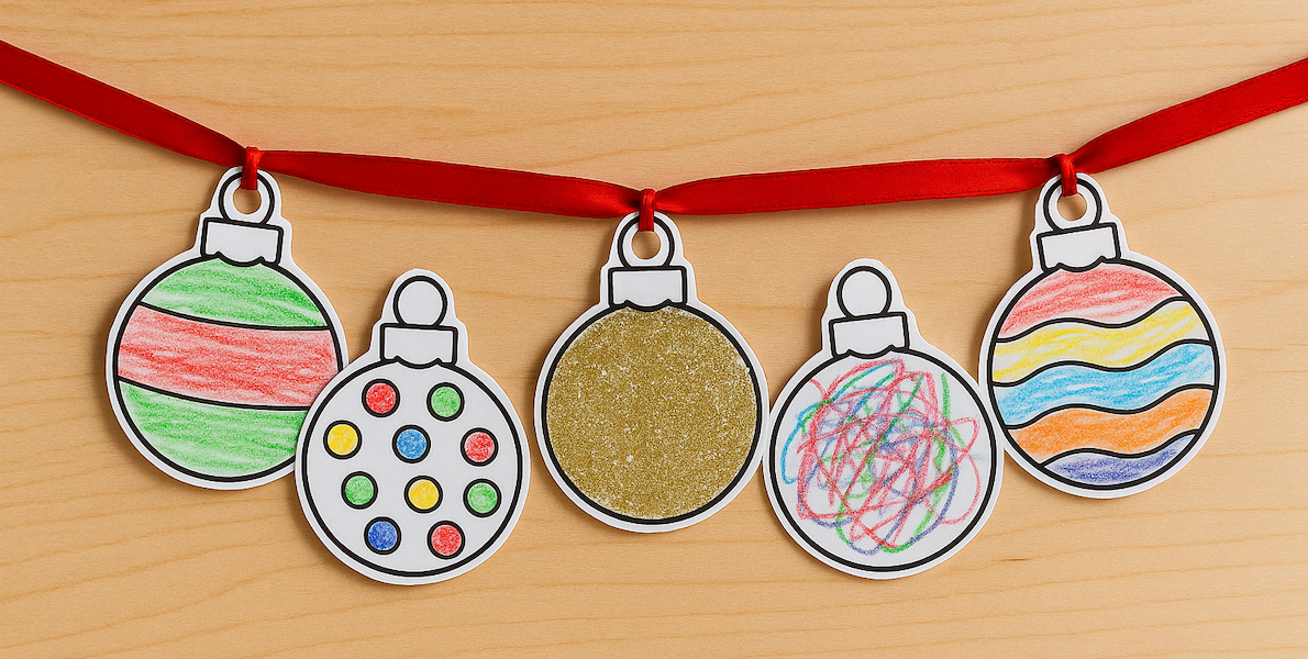 A fun ornament garland made from printable ornament coloring pages. 
