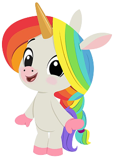 Cute Melody unicorn with a rainbow mane and tail, smiling, with big eyes, a golden horn, and pink hooves on a white background.
