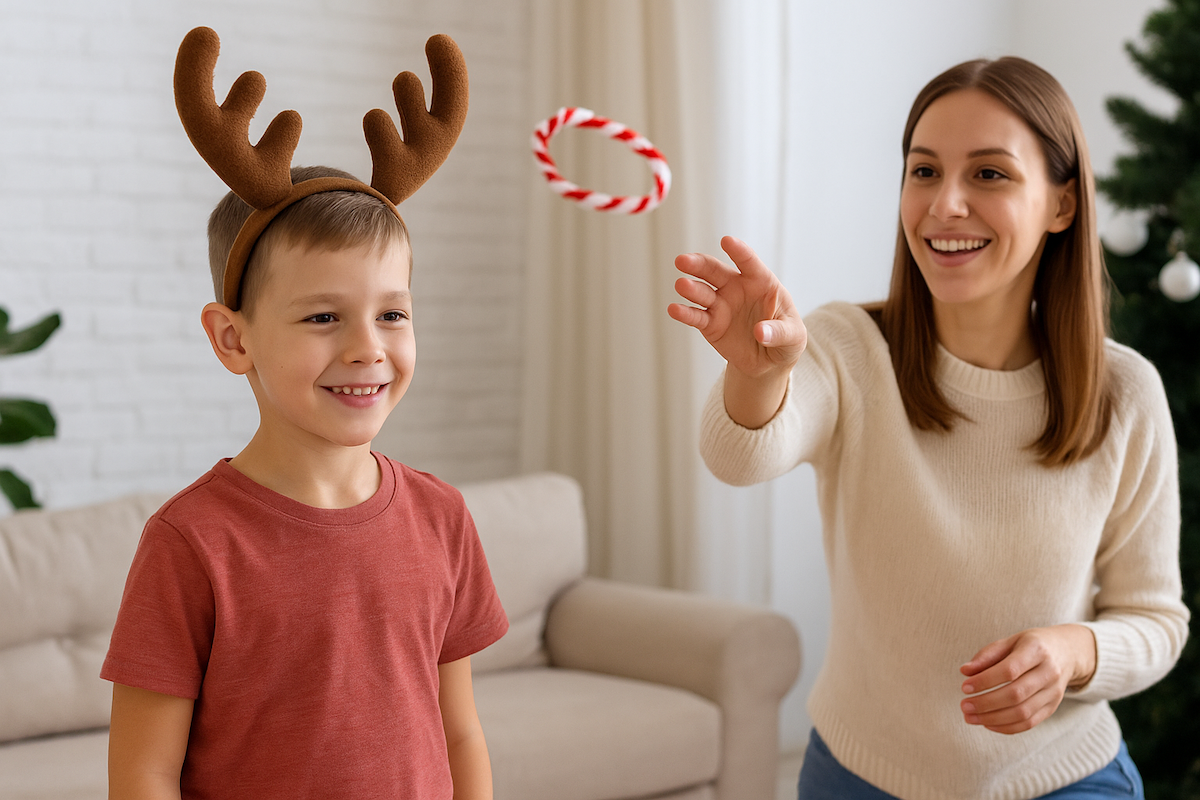 A fun ring toss game. A child wearing antlers and a girl throwing a ring of pipe cleaners on the antlers. 